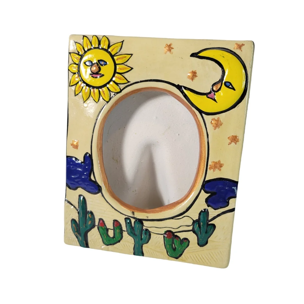 Mexican clay moon sun and cactus picture frame